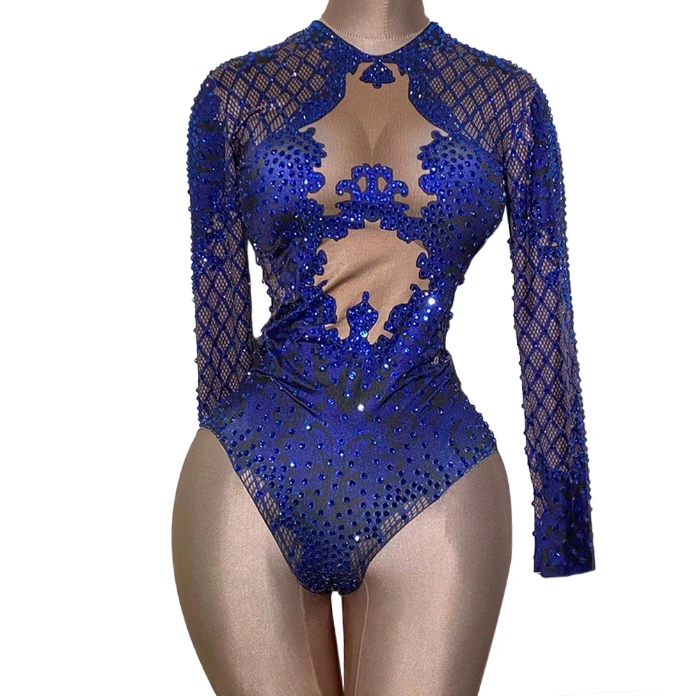 

Rhinestone Dancer Blue Bodysuit Women Long Sleeve Crystal Jumpsuit Female Club Show girl Stage Leotard Costume
