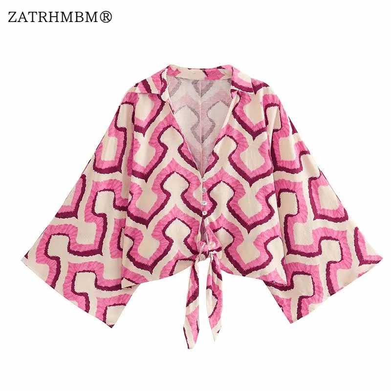

ZATRHMBM 2023 Women Fashion Bow-Embellished Printed Blouse Vintage Long Sleeve Button Up Elegant Female Shirts Blusas Chic Tops