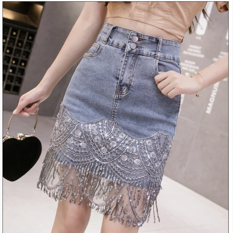 

Summer Korean Sexy Women Denim Mini Skirts High Waist Blue Package Hip Jeans Fashion Beading Tassel SKirt Women's A-line Skirt