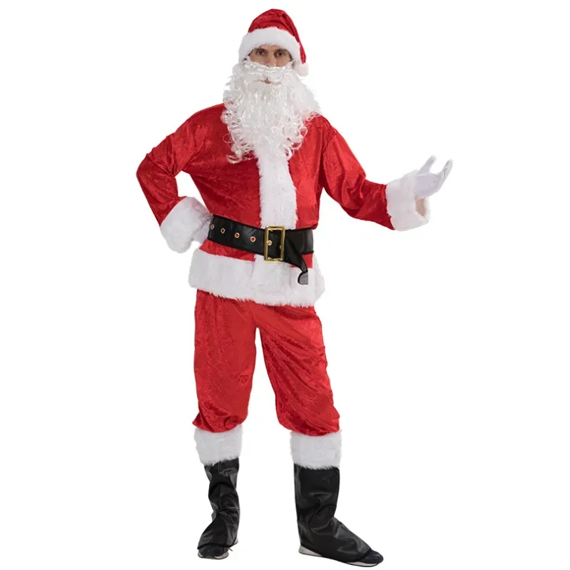

Santa Claus Costume Suit Plush Father Fancy Clothes Xmas Cosplay Props Men Coat Pants Beard Belt Hat Christmas Set
