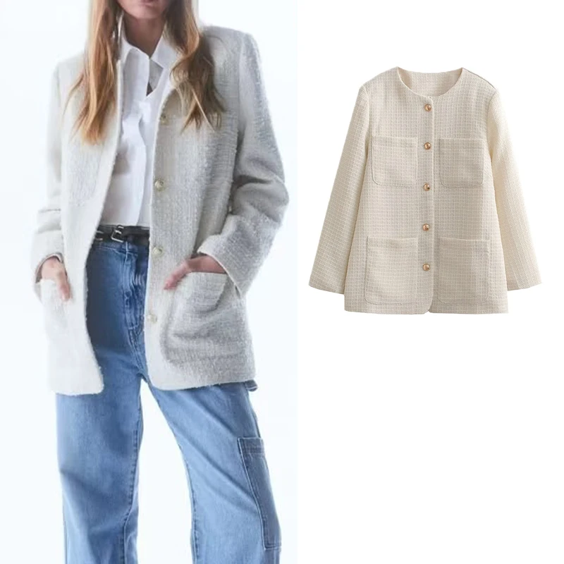 

Women's Jacket Textured Fashion With Pockets 2023 Spring Jackets Coat Vintage Long Sleeve Casual New In Outerwears Chic Top