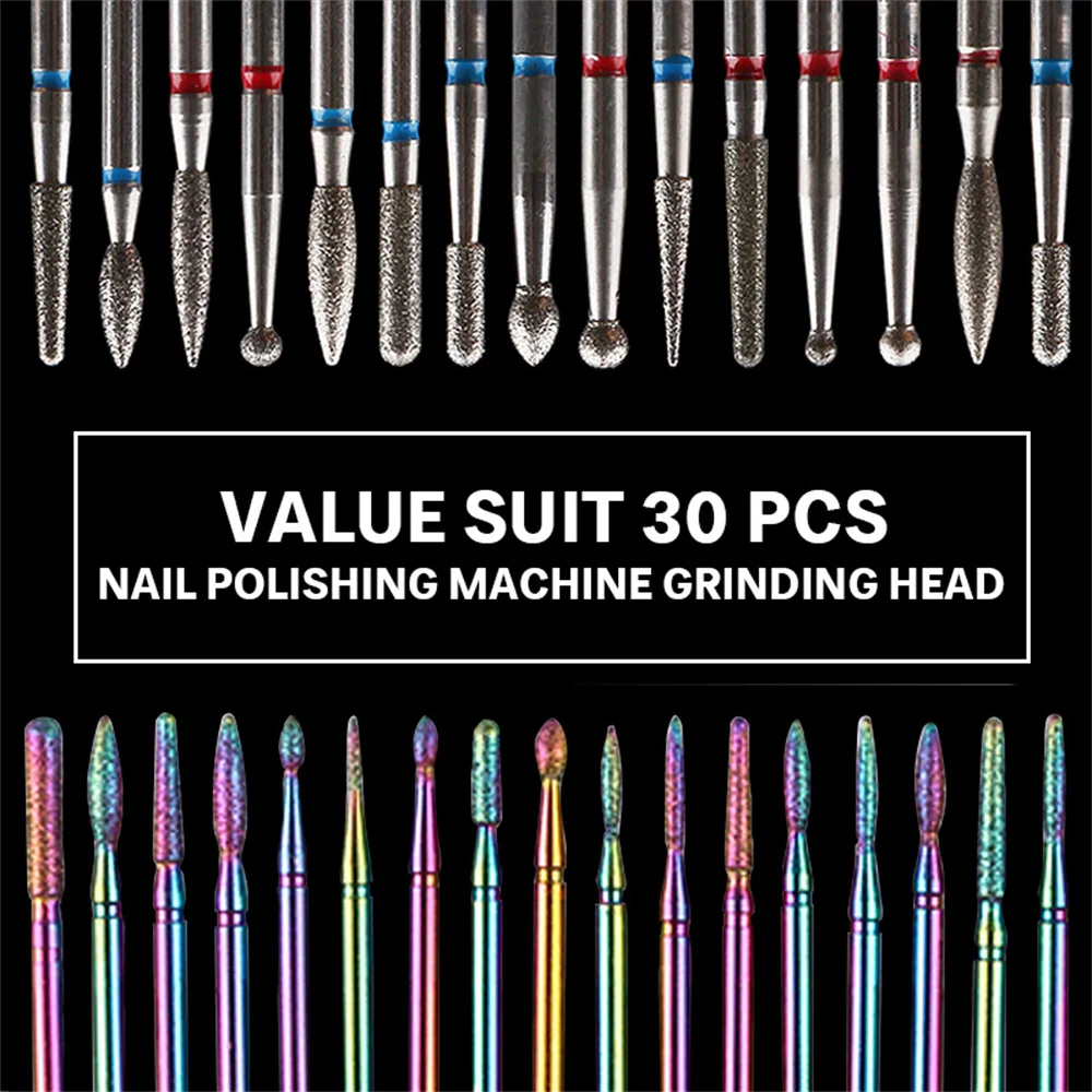 30pcs/set Nail Drill Bits Rainbow Color Coated 3/32" Diamond Nail Sander Tips for Home Salon Use Electric Nail File Accessories