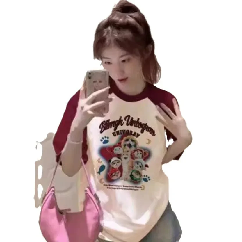 Женская хлопковая Футболка с принтом спереди коротким рукавом и круглым вырезом