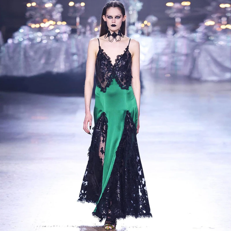 MSMUSI 2024 новое модное женское сексуальное кружевное сетчатое атласное платье без