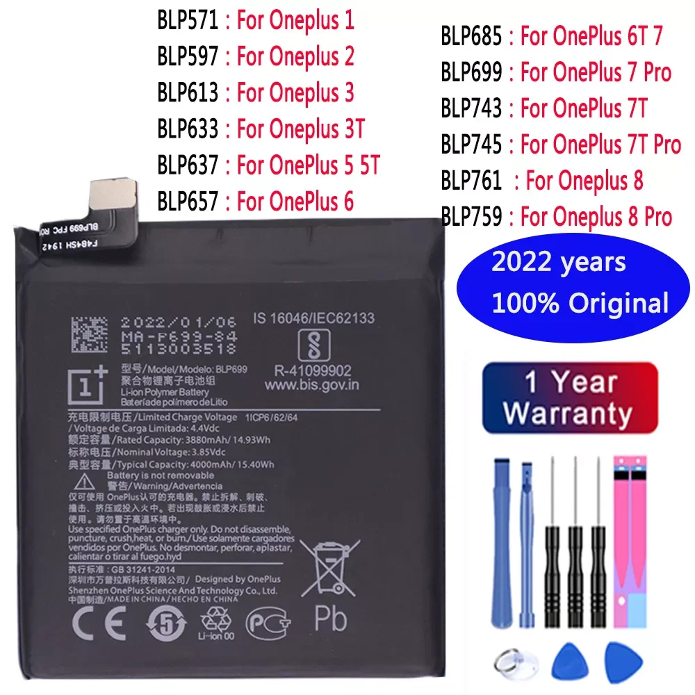 

Original Battery For OnePlus 1 2 3T 5 5T 6 6T 7 7 Pro 7T 7T Pro 8 8 pro BLP633 BLP637 BLP685 BLP699 BLP743 BLP745 Phone Battery