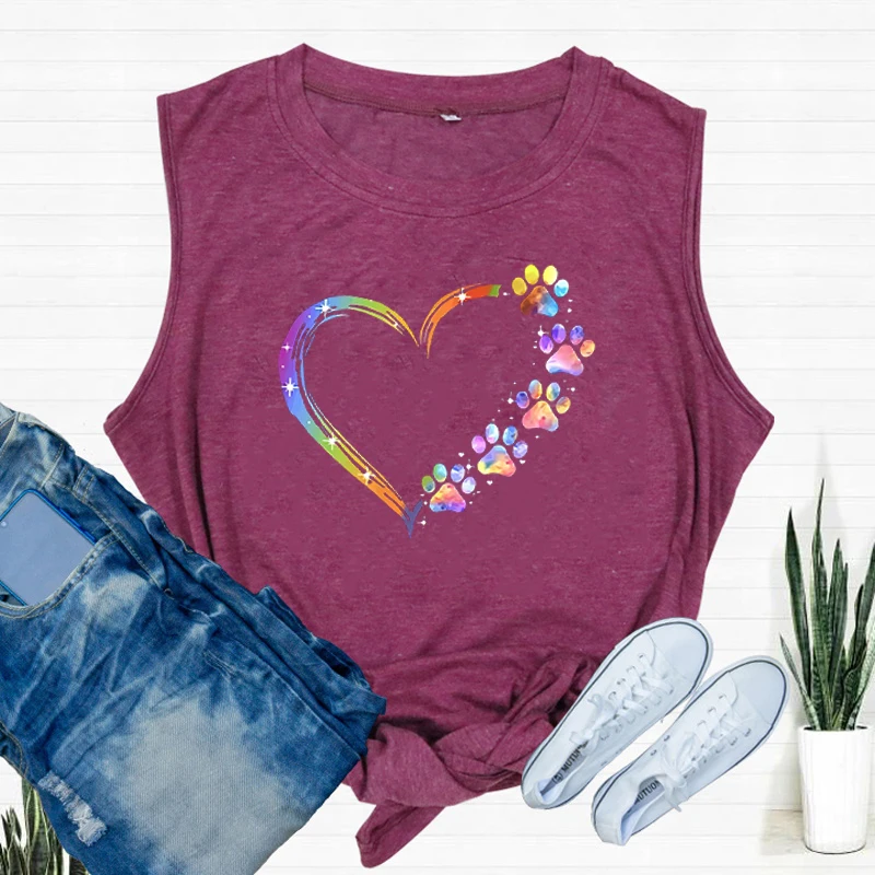 Женская модная летняя одежда повседневные топы с принтом собачьих лап и сердец