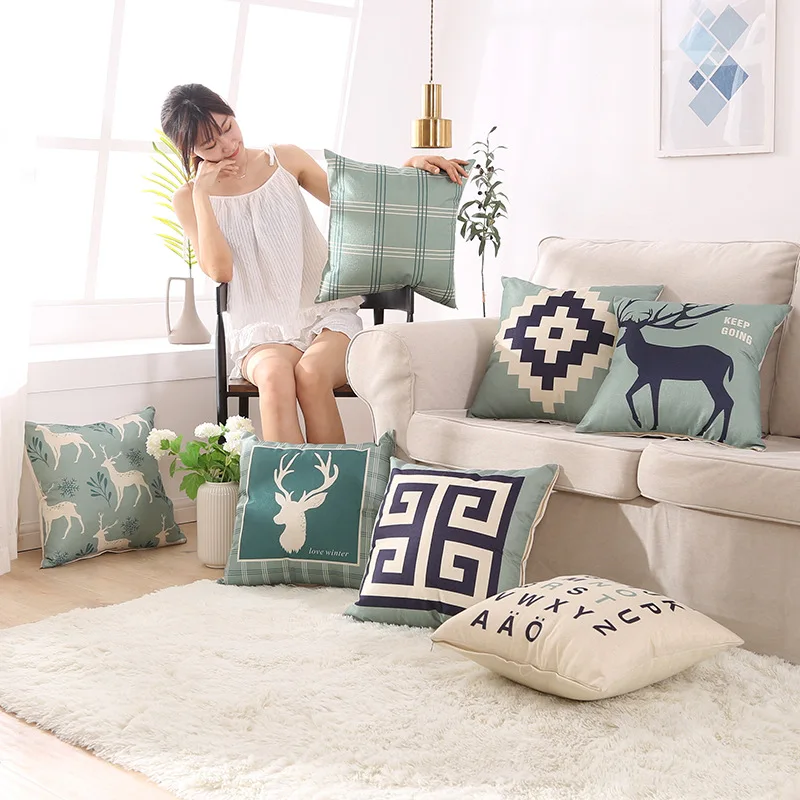 

Decorative Linen Pillow Geometric Printed Throw Pillow Cushion Cover Case Square Pillowcase Lumbar pillow for Sofa Office Chair