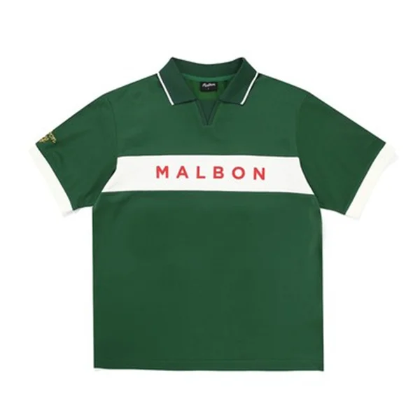 MALBON Men's V-Neck Collar Simple Logo Striped Golf Shirts