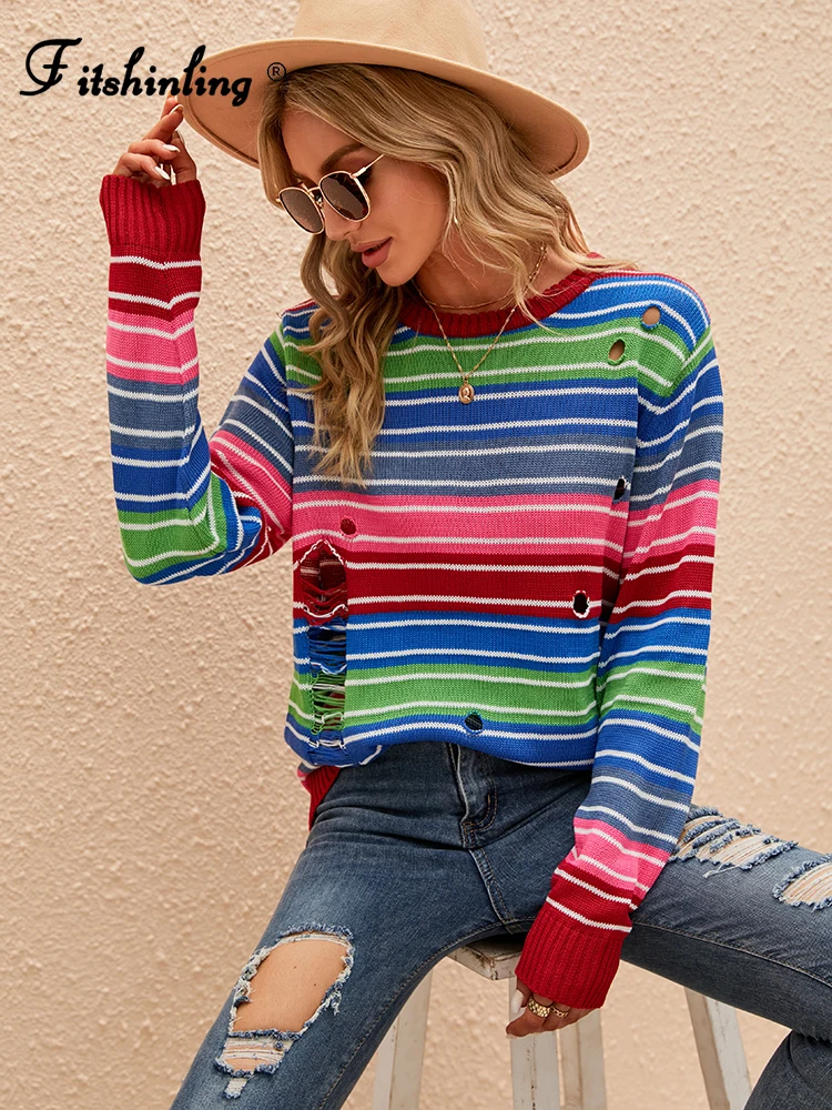 Fitshinling-suéter Vintage para mujer, ropa Bohemia Multicolor a rayas, Jersey ajustado, Jersey de punto de manga larga, Top con agujeros, nuevo