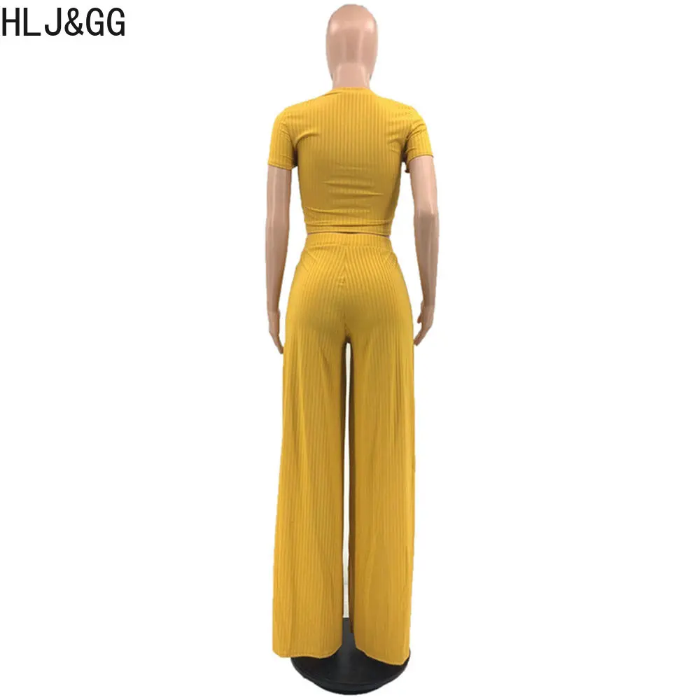 HLJ&GG Casual Solid Wide Leg Pants Two Piece Sets Women Round Neck Short Sleeve Crop Top And Pants Tracksuits Female 2pcs Outfit