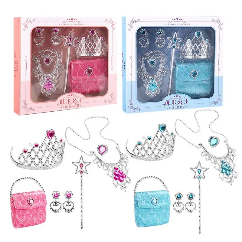

7Pcs Princess Jewelry Set Includes Crown Bracelet Ring Earring Necklace Wand Princess Handbag For Princess Costume