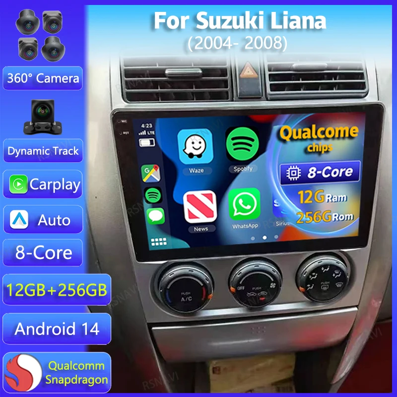 Android 14 Carplay Auto WIFI + 4G Автомобильный радиоприемник для Suzuki Liana 2004-2008 Мультимедийный