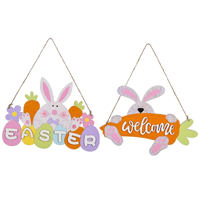 

2Pcs Happy Easter Decorations Rabbit Chick Wooden Hanging Pendant Crafts Easter Decor For Home DIY Easter Party Decor
