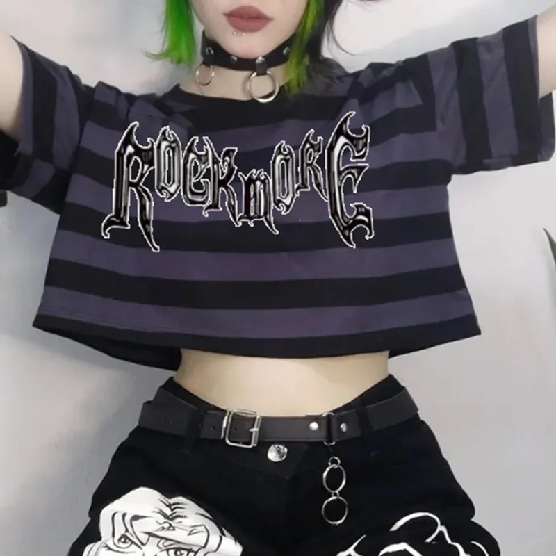 

Dourbesty Punk Gothic Style Letter Striped Print Tshirt y2k Aesthetic Hip Hop Rock Anime Harajuku Tee Vintage Crop Tops Women