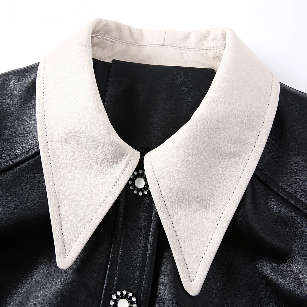 Lady Leather Jackets 2022 New Genuine Sheepskin Short Coat Single-Breasted Contrast Collar Elegant Fashion Autumn Outwear 9086