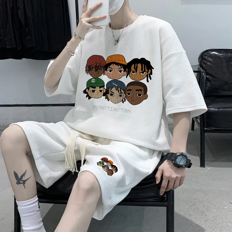 

Hip Hop Waffle Casual Sports Suit Men's Summer American Retro Fashion BrandinsRuoshuai Short SleeveTT-shirt Two-Piece Set