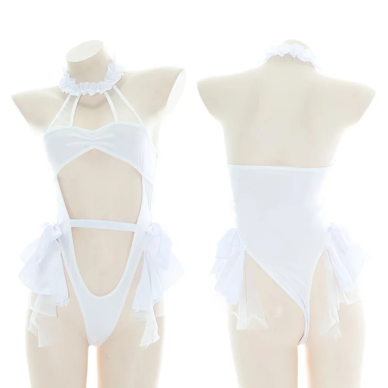 

Lolita Girls White Halter Bodysuits Sexy High Cut Hollow Out Backless Swimsuit Anime Cosplay Sukumizu Kawaii Outfit Drop Ship