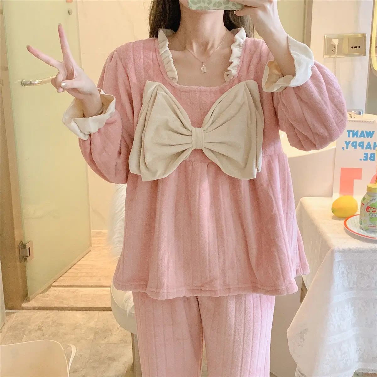 Women Pajama Sets Sweet Bow Long Sleeve Flannel Sleepwear Square Collar Tops Winter Warm Thick Loungewear Princess Pyjamas 2 Pcs