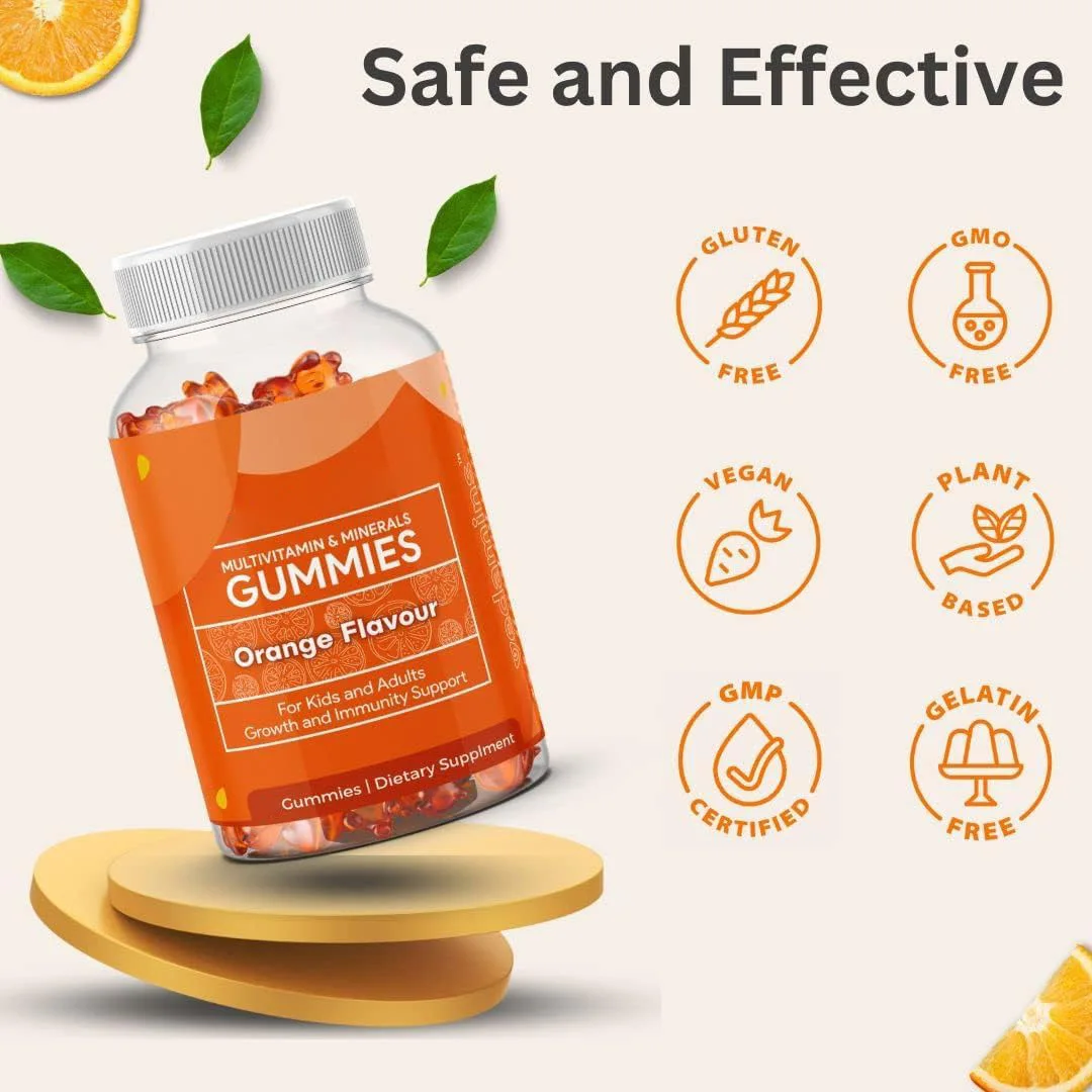 

orange flavored vitamin gummy support body's immune system enhance energy promoting peristalsis gastrointestinal tract
