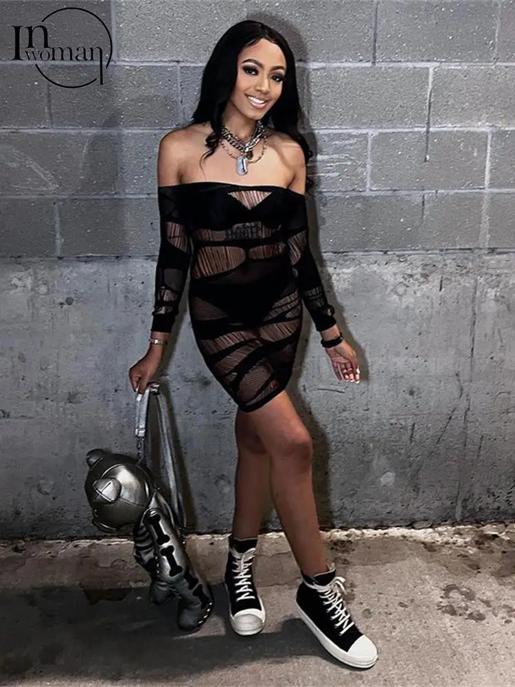 

Inwoman Summer Mini Dresses For Women 2022 Long Sleeve Backless Mesh See Through Bodycon Dress Black Hollow Out Sexy Party Dress