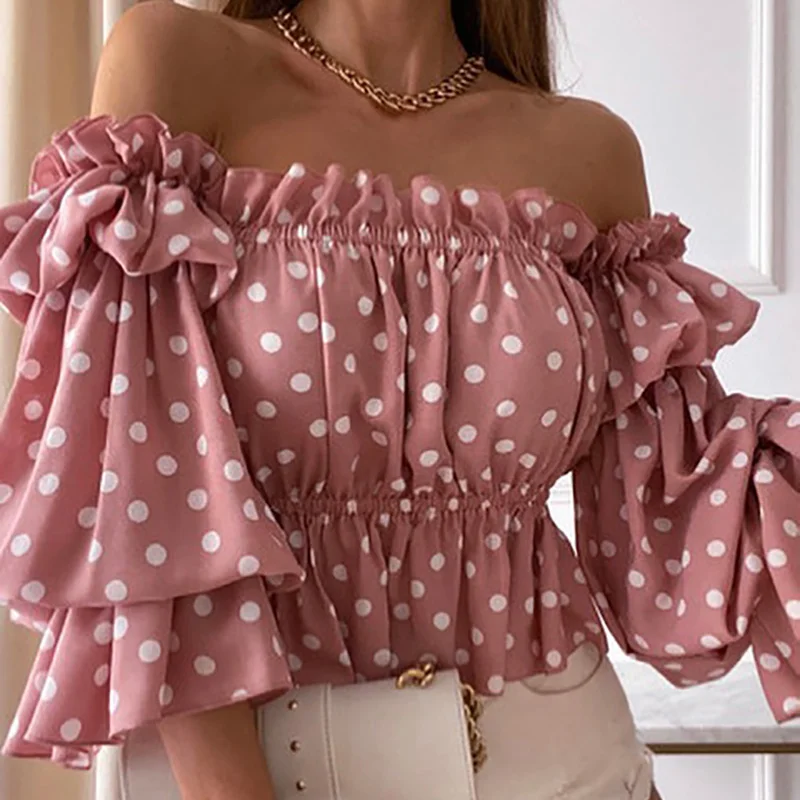 

Summer Women Top Polka Dot Print Off Shoulder Shirred Puff Sleeve Corset Blouse Outfits Tunics 2021