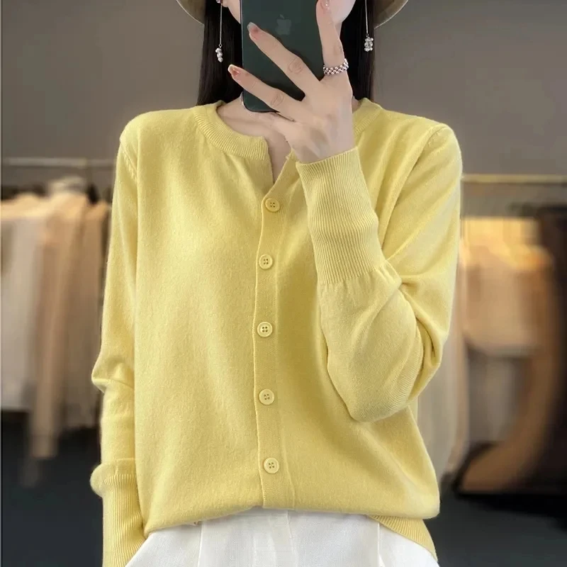 Женский однобортный Кардиган с круглым вырезом однотонный вязаный кашемировый