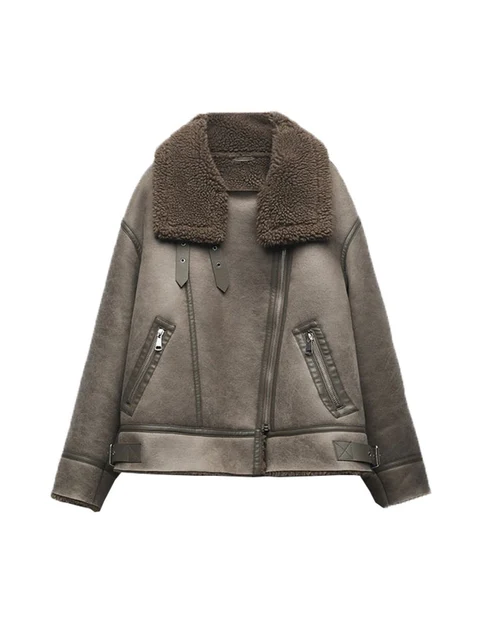 New Autumn Winter Women Loose Faux Suede Leather Lamb Fur Jacket Moto Biker Female Zipper Thick Warm Coat Outwear 1