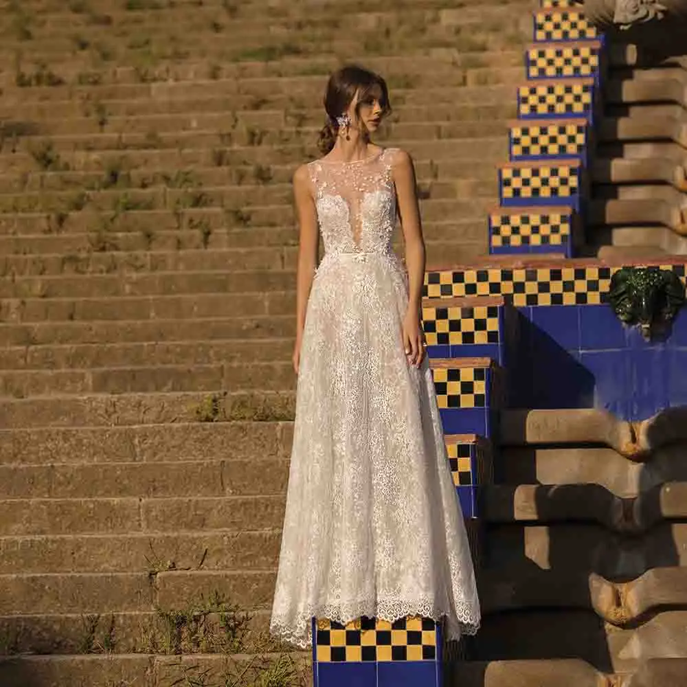 

Женское свадебное платье в стиле бохо, ТРАПЕЦИЕВИДНОЕ платье невесты с круглым вырезом, фатиновое платье до пола без рукавов