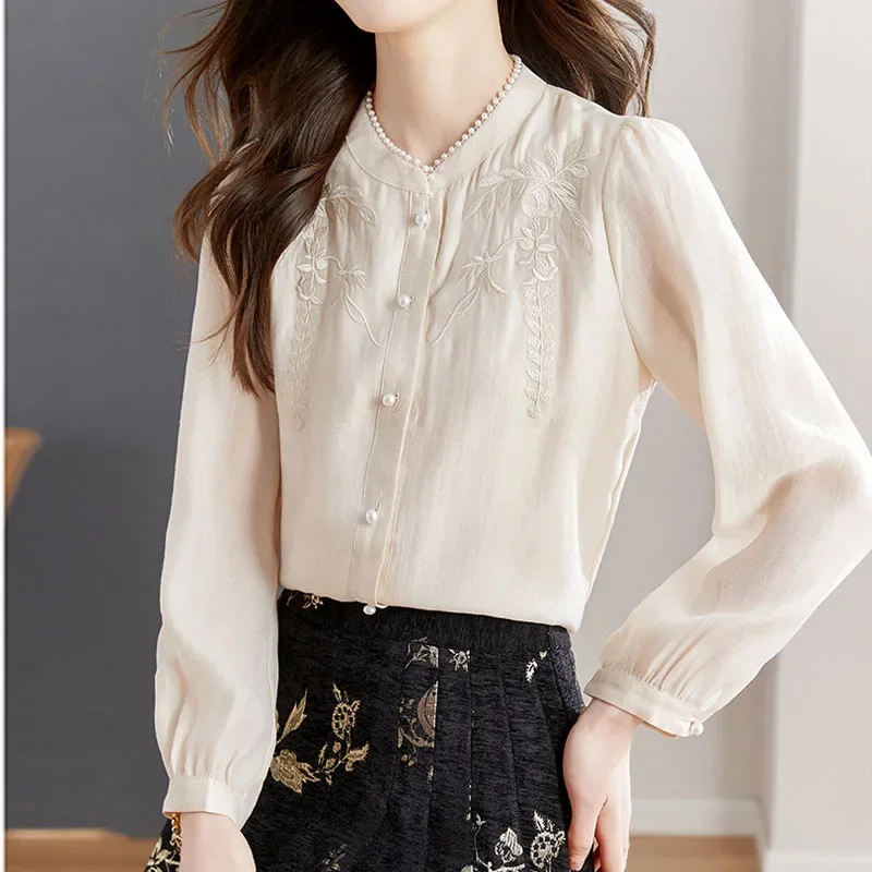 Новая женская рубашка с длинным рукавом воротник-стойка вышивкой бисером блузка