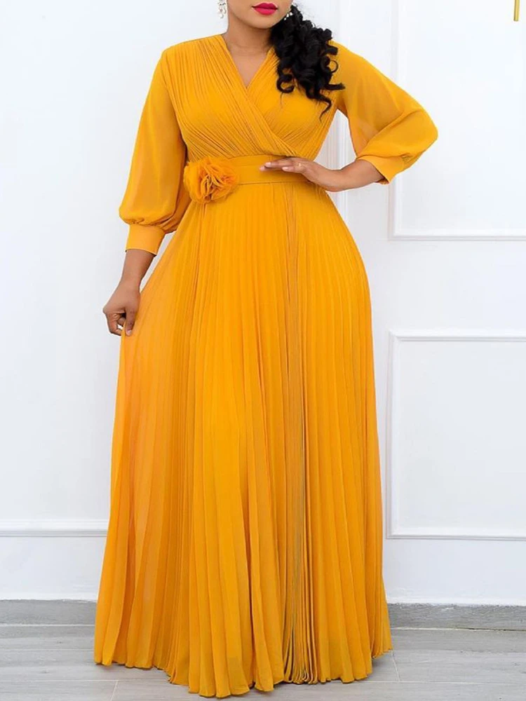 

Birthday Maxi Dresses for Women Party Pleated Dress Long Sleeve High Waist Elegant Chiffon Vintage Dress Wholesale