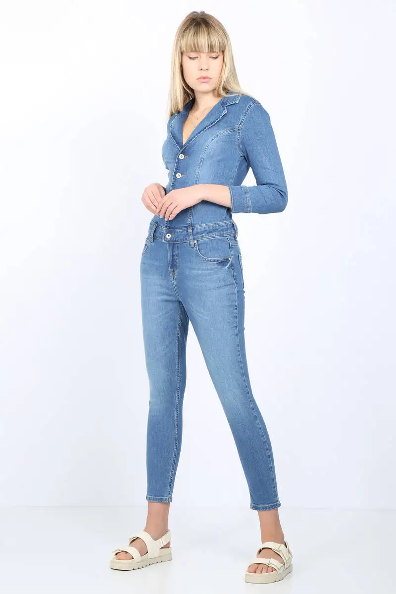 

Women's Light Blue Jacket Collar Jean Jumpsuit Pants