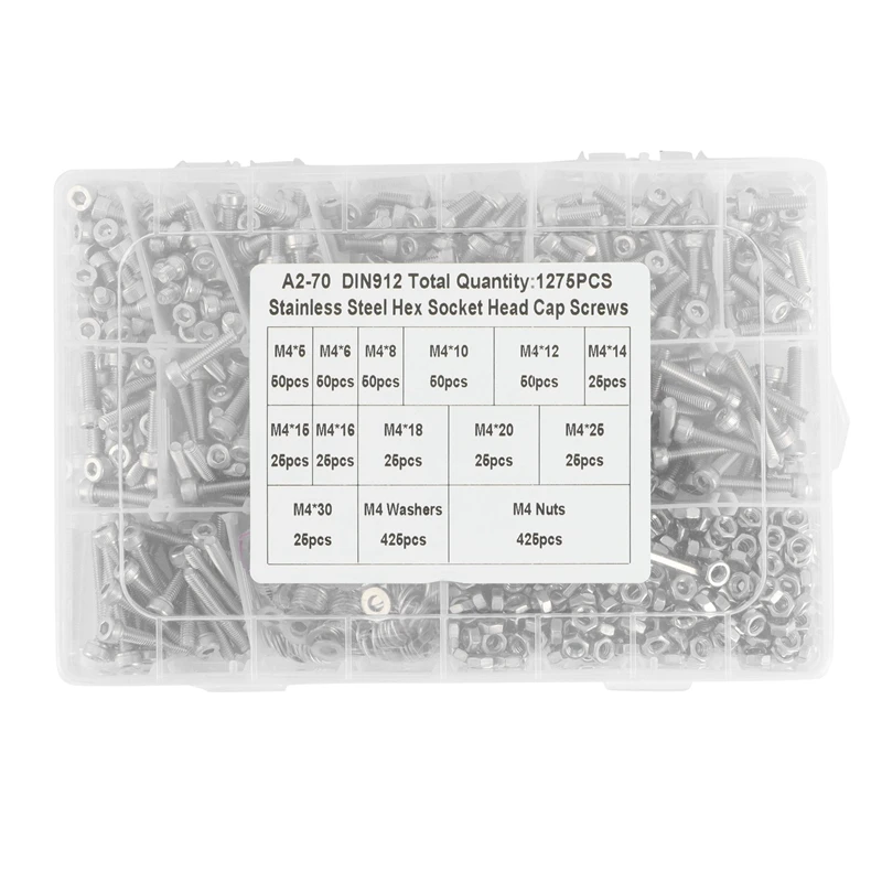 

1275 Pieces M4 X 5/6/8/10/12/14/15/16/18/20/25/30Mm 304 Stainless Steel Hexagon Socket Screw Bolt Nut Washer Sorting Kit