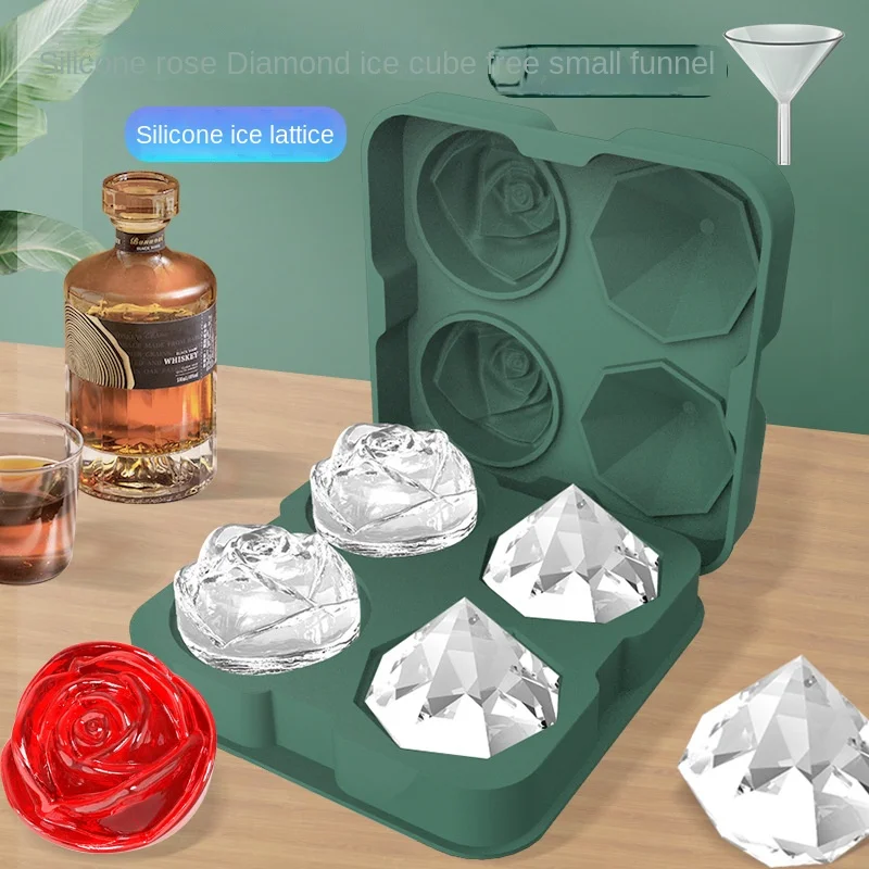 

Rose Diamond Shape Ice Cube Mold Whisky Wine Cool Down Reusable Ice Maker Ice Cubes Tray Mold for Freezer with Lid Gadget