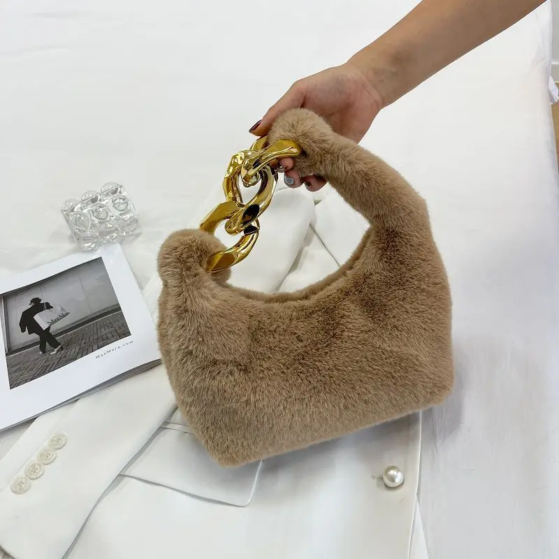 

Женские сумки с верхней ручкой из искусственного меха, кошелек с металлической цепочкой, Дизайн полумесяца, женский клатч, вечерняя сумка, з...