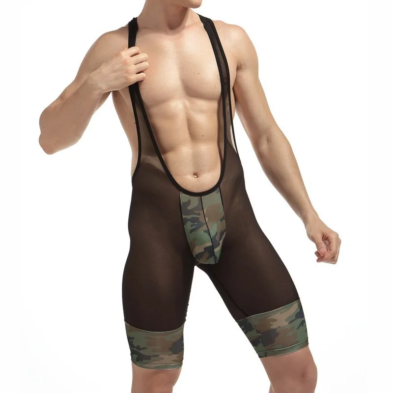 Mesh Men Undershirt Sexy Jumpsuit See Camouflage Soft Breathable Underwear Transparent Shorts Bodysuits Boxers Wrestling Suits