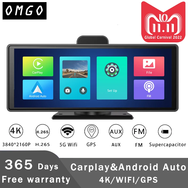 H.265 4K 2160P Автомобильная камера Dash Cam с беспроводным CarPlay и Android Auto, автомобильный видеорегистратор с Wi-Fi 5G, AUX, GPS-трекером, записывающая камера FM для грузовиков.