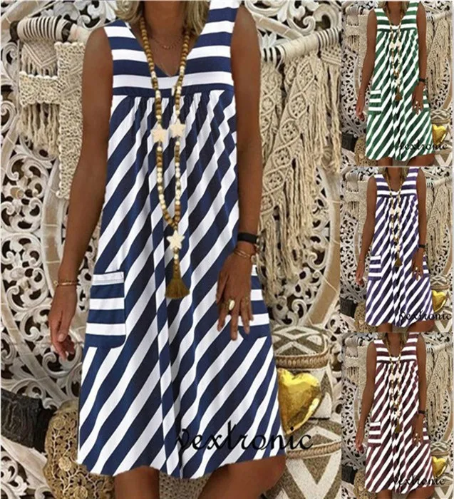 2023 New Women's Pocket Summer Round Neck Sleeveless Stripe Dress