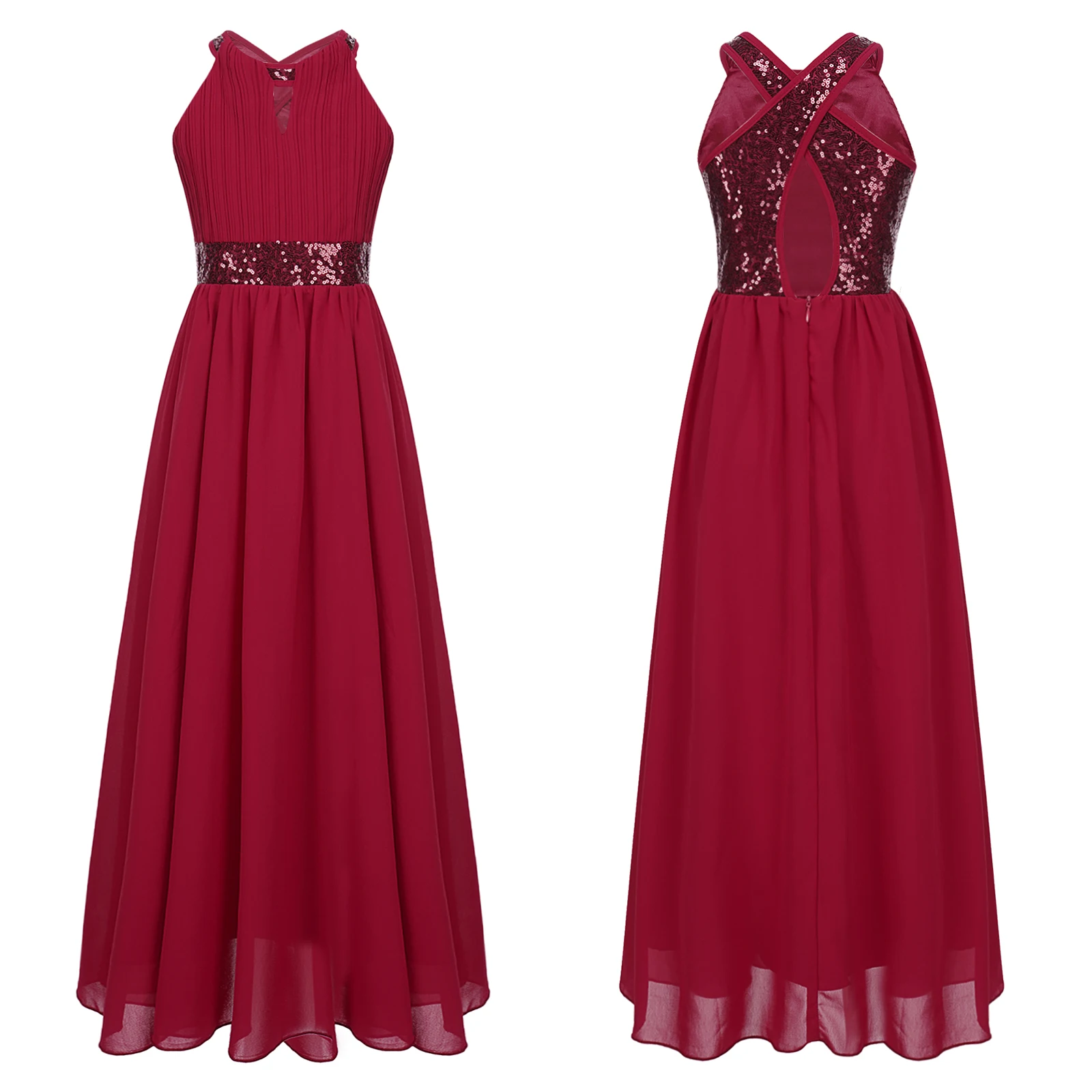 

Kids Flower Girls Dress Teenager Wedding Bridesmaid Dress Ruched Bodice Sleeveless Cut-out Floor Length Dress for Evening Party