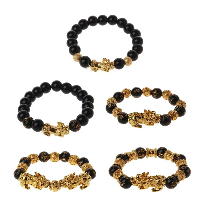 

Obsidian Stone Beaded Bracelet Lucky Amulet Jewelry Elastic Rope Pixiu Bracelets