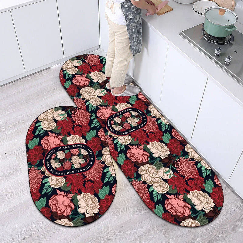 

Vintage Chinoiserie Floral Print Crystal Velvet Kitchen Mat Entrance Doormat Bathroom Non-Slip Rug Home Decor