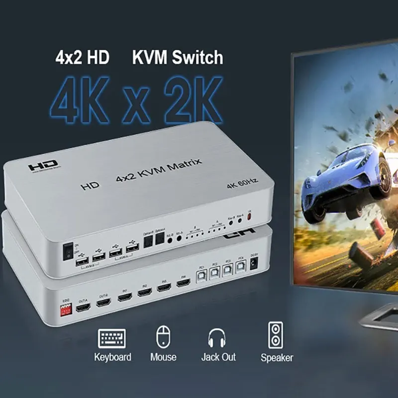 Квм 4K 60 Гц для совместимой с HDMI Матрицы 4X2 4 в 2 выход порта двойной монитор