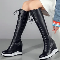 platform wedges fashion sneakers women genuine leather winter warm knee high snow boots female lace up high heel pumps shoes