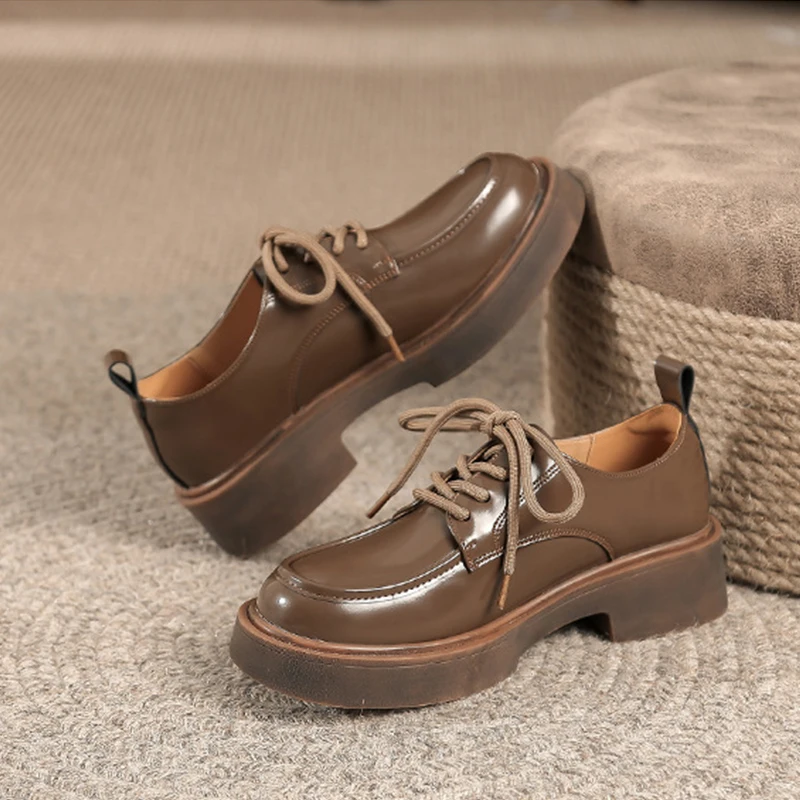 Platform Oxfords Loafers Women Lace Up Round Toe Eco-friendly Leather Shoes Mixed Color Casual Dress Ladies Shoes Handmade 4.5cm