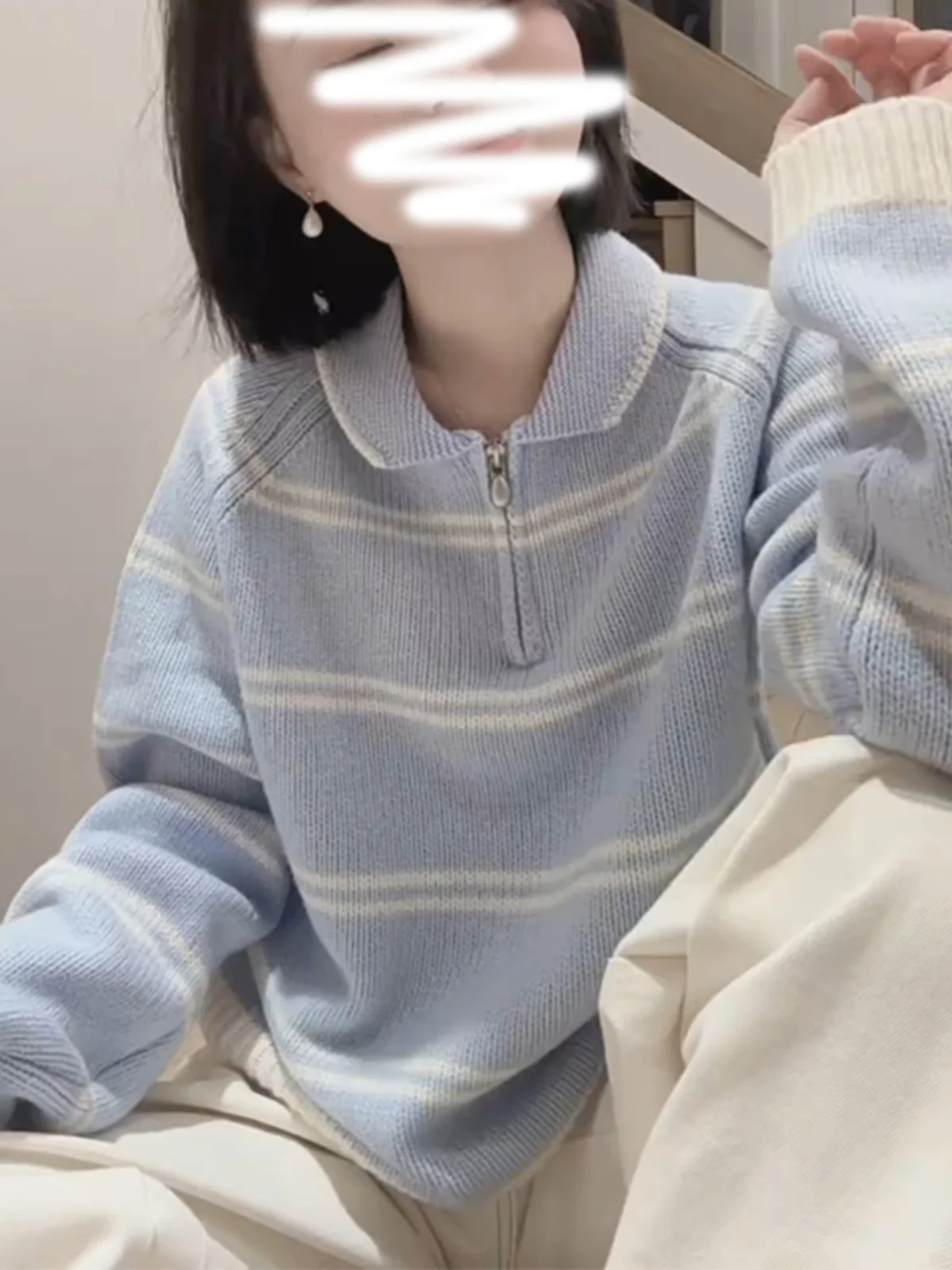 KK · Studio Selected Recommend ~ Korean Series Doll Collar Striped sweater Women Autumn and Winter Loose Lazy Knitted Top