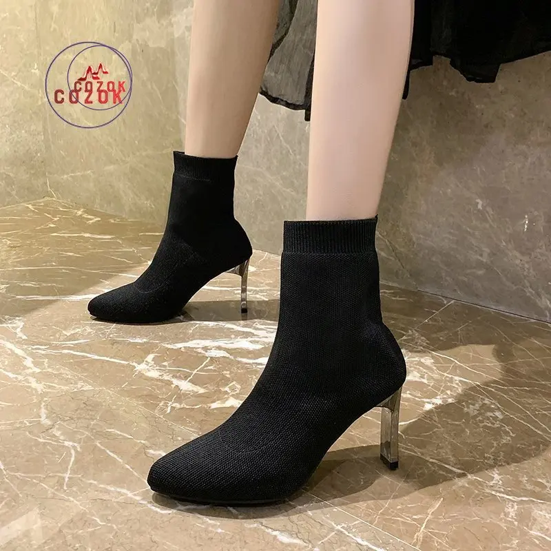 

New Fashion Metal Thin High Heel Pointed Toe Ankle Boots Fabric Elastic Socks Boots Women Shoes for Women Big Size Women Boots