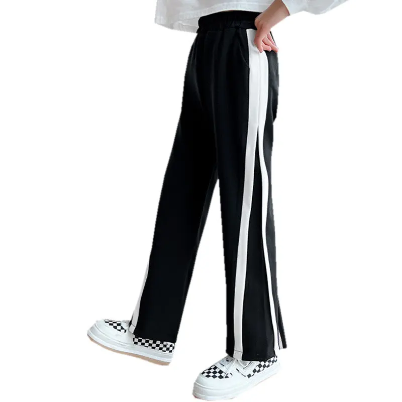 

2022 Autumn Girls Pants Teen Girls Clothing Black Fashion Wide Leg Pants with Side Striped Girls Comfortable Casual Pants 5-14Y