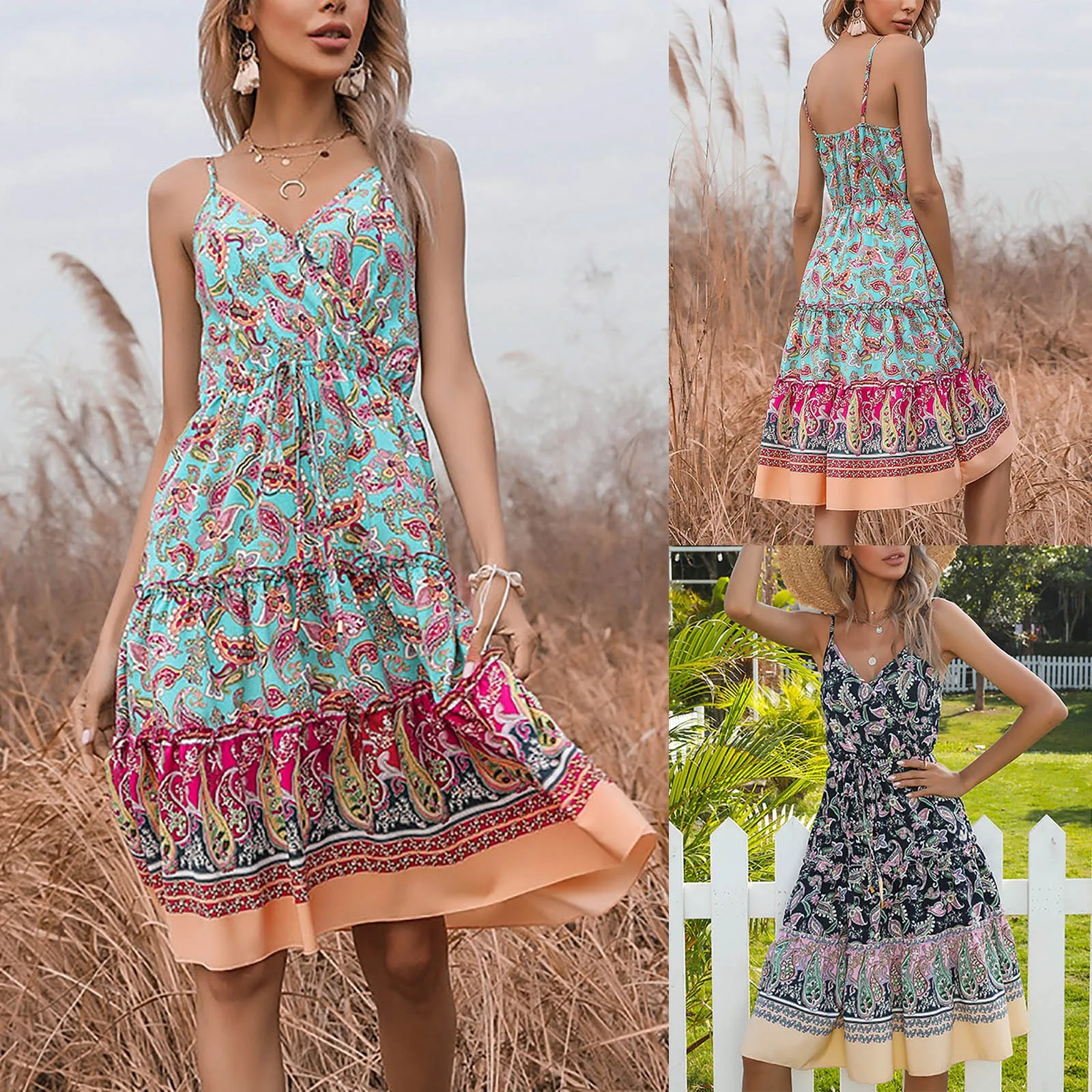 

Женское модное богемное платье с V-образным вырезом и цветочным принтом, летние платья с оборками для женщин