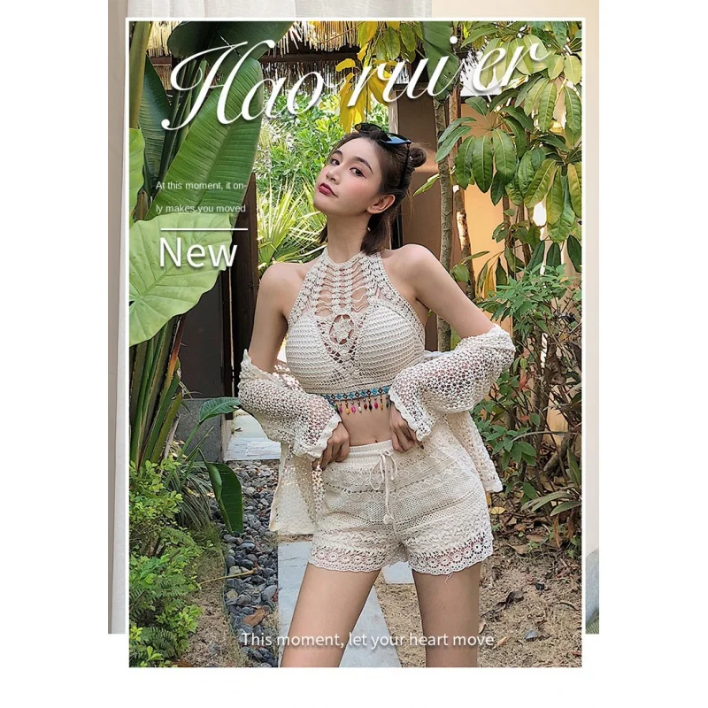 

New Split Small Chest Swimsuit Women's Hollow Knitted Belly Covering Three-Piece Suit High Waist Hot Spring Bikini Vacation Clot