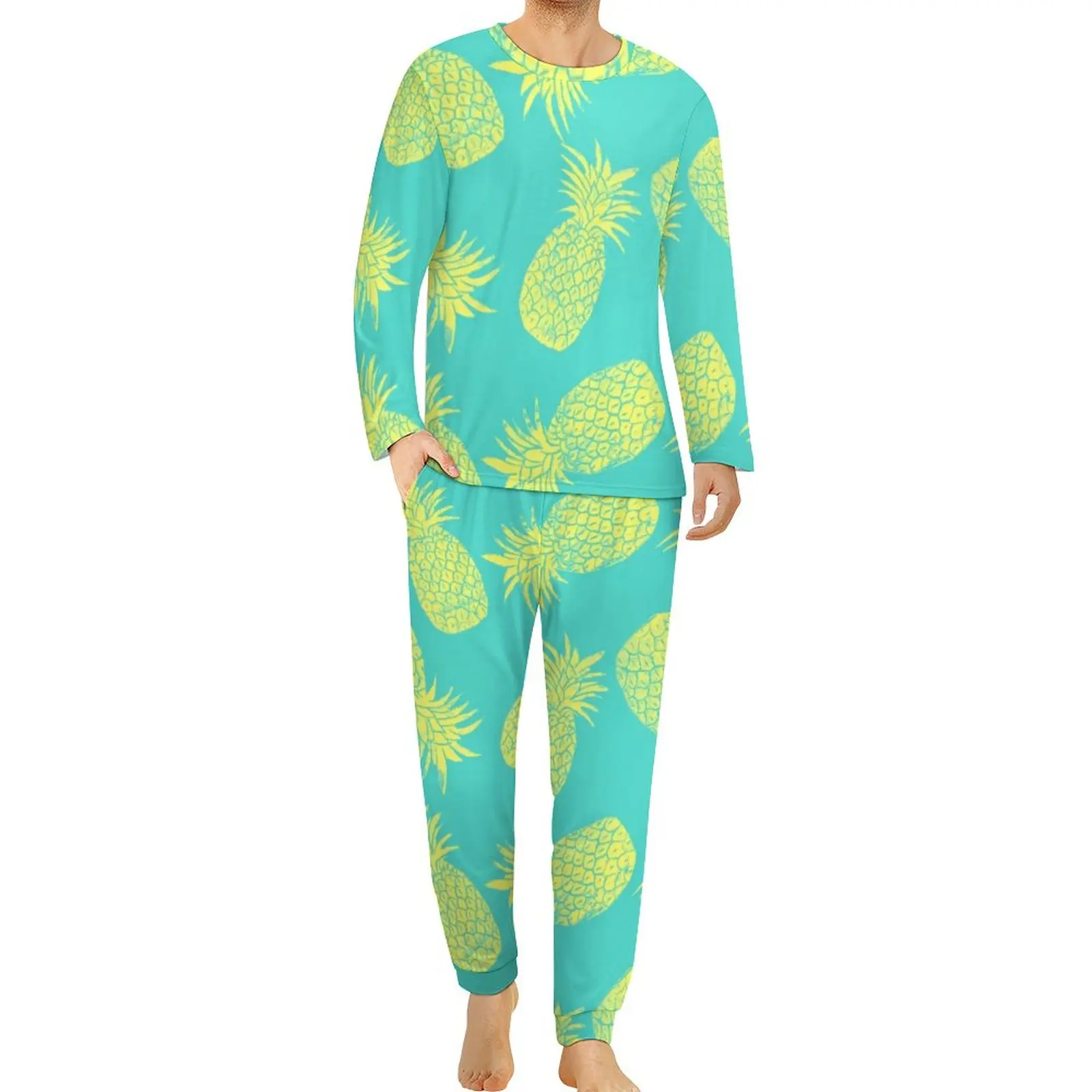 Yellow Pineapple Pajamas Spring 2 Pieces Tropical Fruit Print Soft Pajamas Set Male Long Sleeves Room Custom Home Suit 4XL 5XL