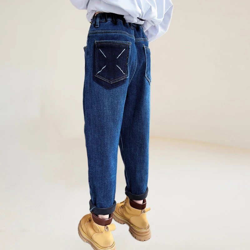 

Зимние флисовые джинсы для девочек Детская осенняя теплая одежда От 6 до 13 лет джинсы из плотного бархата синие прямые джинсы с высокой талией